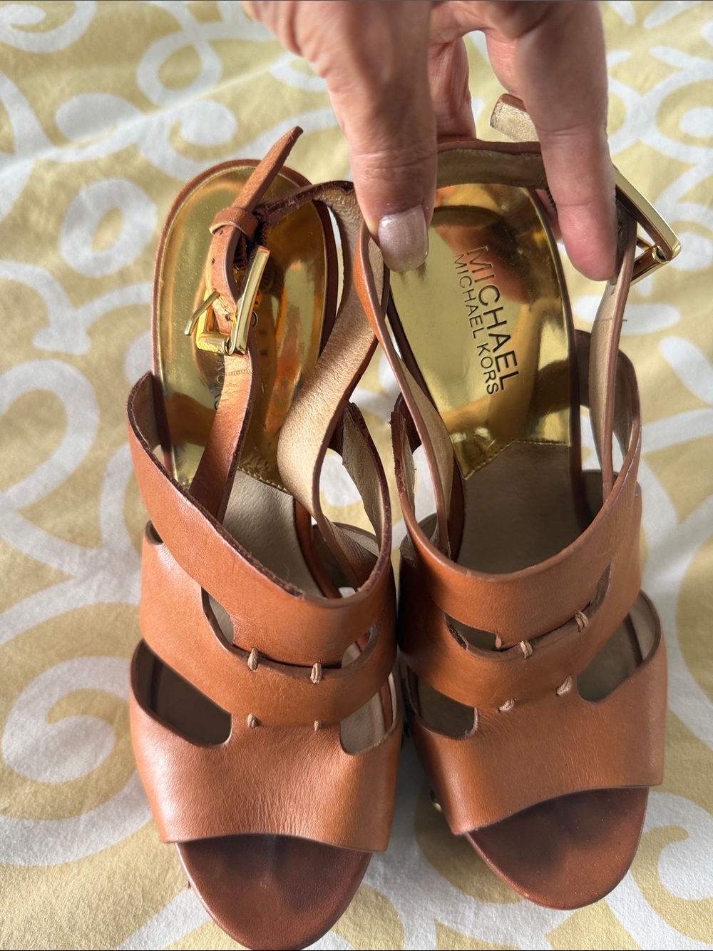 Michael Kors Tan Leather Strappy Slingback Heels with Gold Insole